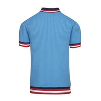 
              OXKNIT Men's Knit Short Sleeve Shirts 1960s Retro Stripes Knitted Polo Shirt Blue Cotton Polo Shirt with Quarter Button
            