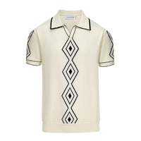 
              OXKNIT Mens White Apricot 60s V-Neck Polo Shirt Rhombic Pattern Knit Golf Polo
            