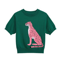 
              OXKNIT Women's Green Knitted T-Shirt, Retro Animal Pattern Crewneck Cotton Short Sleeve- Cropped Length
            