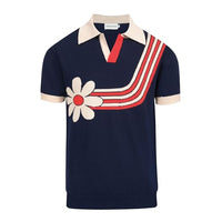 
              OXKnitstore OXKNIT Mens V-Neck Polo Shirt Knitted Shirt Dark Blue Short Sleeve Golf Shirt with Flower Pattern
            