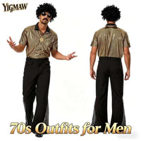 
              YIGMAW 70s Outfits for Men Disco Costume 7 Pcs - Mens 70s Outfit with Short Sleeve Shirt Bell Bottom Pants for 1970s Halloween Party (Gold, S)
            