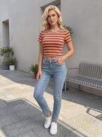 
              WDIRARA Women's Colorful Striped Short Sleeve Tee Y2k Ribbed Knit Crop Top
            