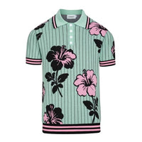 
              OXKNIT Men's Knit Short Sleeve Shirts Retro Pink Floral Pattern and Stripes Green Cotton Polo Shirt with Quarter Button
            
