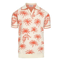 
              OXKNIT Men's Knit Polo Shirts, Retro Tiger Coconut Trees Pattern Short Sleeves Casual V-Neck Short Shirts, White
            