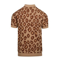 
              OXKNIT Knit Polo Shirt for Men, 1960s Retro Leopard Print Brown Shirt Quarter Button Down Short Sleeve Men's Clothing
            