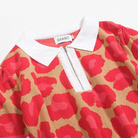 
              OXKNIT Women's Knit Polo Shirts Short Sleeve, 1960s Retro Leopard Print Red V-Neck Pull-on Tops with Quarter Zipper
            