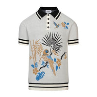 
              OXKNIT Men's Knit Short Sleeve Shirts Retro Knitted Polo Shirt Art Bird Pattern Beige Cotton Polo with Quarter Button
            