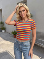 
              WDIRARA Women's Colorful Striped Short Sleeve Tee Y2k Ribbed Knit Crop Top
            