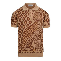 
              OXKNIT Knit Polo Shirt for Men, 1960s Retro Leopard Print Brown Shirt Quarter Button Down Short Sleeve Men's Clothing
            
