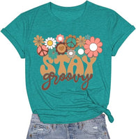 
              Retro Stay Groovy Shirt Women Cute Floral Tshirts Hippie 70s Short Sleeve Tops A-Green
            