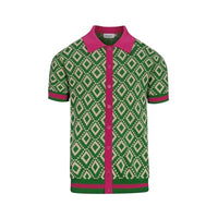 
              OXKNIT Men's Knit Short Sleeve Shirts Button Down 1960s Vintage Diamond Pattern Knitted Polo Shirt Green Cotton Polo
            