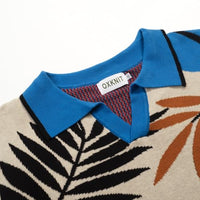 
              OXKNIT Men's Knit Short Sleeve Shirts Vintage Bird and Plants Pattern Knitted Polo Shirt Blue and Beige V-Neck Polo
            