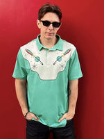 
              COOLLYME Retro Space Rocket Polo Shirt, Green and Beige, Short Sleeve, Polyester, Atomic Design, Regular Fit
            