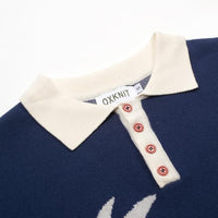 
              OXKNIT Men's Knit Short Sleeve Shirts Retro Knitted Polo Shirt Coconut Tree Pattern Dark Blue Polo with Quarter Button
            