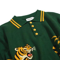 
              OXKNIT Knit Polo Shirt for Men, Retro Tiger Pattern Green Shirt Quarter Button Down Short Sleeve Men's Clothing
            