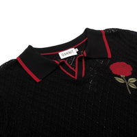 
              OXKNIT Men's Knit Short Sleeve Shirts Vintage Embroidery Rose Pattern Knitted Polo Shirt Black V-Neck Mesh Cotton Polo
            