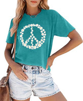 
              Peace Sign Love T-Shirt for Women Flower Graphic Shirt Hippie Short Sleeve 60s 70s Shirt Inspirational Tee Tops（Cyan,Medium）
            
