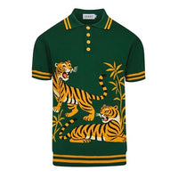 
              OXKNIT Knit Polo Shirt for Men, Retro Tiger Pattern Green Shirt Quarter Button Down Short Sleeve Men's Clothing
            