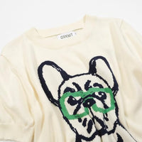 
              OXKNIT Women's Knitted T-Shirt Short Sleeve, 1960s Mod Style Hand-Drawn Dog Pattern Crewneck Tops White
            