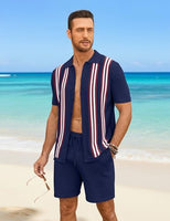 
              COOFANDY Men's 2 Piece Shirt Sets Vintage Knit Short Sleeve Button Down Polo Shirts Summer Beach Shorts Outfits
            