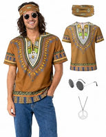 
              Inrajoper Mens 60s 70s Outfits 4 Pcs Hippie Costume T-Shirt Set Brown L
            