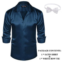 
              PJ PAUL JONES Mens 70s Disco Shirts Luxury Satin Silk Like Dress Shirt with Bow Tie Wedding Party Shirts Navy Blue L
            