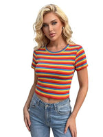
              WDIRARA Women's Colorful Striped Short Sleeve Tee Y2k Ribbed Knit Crop Top
            