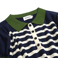 
              OXKNIT Women's Knit Polo Shirts Short Sleeve, 1960s Mod Style Retro Dark Blue Beige Stripes Tops with Quarter Button
            