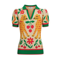 
              OXKNIT Women's Knitted Polo Shirts Short Sleeve, Retro Leopard Pattern Beige Casual Cotton V-Neck Pull-on Tops
            