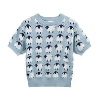 
              OXKNIT Women's Knitted T-Shirt Short Sleeve, 1960s Mod Style Sheep Pattern Crewneck Tops Light Blue - Cropped Length
            