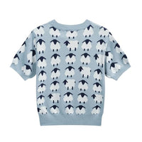 
              OXKNIT Women's Knitted T-Shirt Short Sleeve, 1960s Mod Style Sheep Pattern Crewneck Tops Light Blue - Cropped Length
            