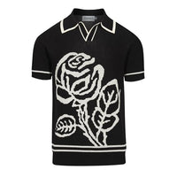
              OXKNIT Men's Knit Polo Shirts, 1960s Mod Style Retro Rose Pattern Short Sleeves Casual V-Neck Short Shirts, Black
            