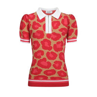 
              OXKNIT Women's Knit Polo Shirts Short Sleeve, 1960s Retro Leopard Print Red V-Neck Pull-on Tops with Quarter Zipper
            