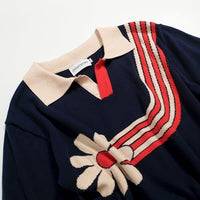 
              OXKnitstore OXKNIT Mens V-Neck Polo Shirt Knitted Shirt Dark Blue Short Sleeve Golf Shirt with Flower Pattern
            