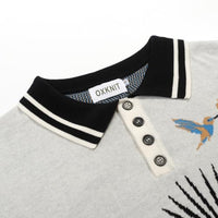 
              OXKNIT Men's Knit Short Sleeve Shirts Retro Knitted Polo Shirt Art Bird Pattern Beige Cotton Polo with Quarter Button
            