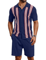 
              COOFANDY Men's 2 Piece Shirt Sets Vintage Knit Short Sleeve Button Down Polo Shirts Summer Beach Shorts Outfits
            