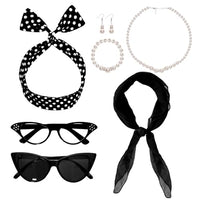 
              Fumwase 7PCS 1950s Costume Accessories for Women Cat Eye Glasses Hair Accessories Earring Bracelet Necklace Scarf for Halloween (Black)
            
