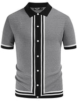 
              Men's Retro Polo Shirts Vintage Stripes Lapel Collar Knit Shirts Black S
            
