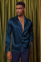 
              PJ PAUL JONES Mens 70s Disco Shirts Luxury Satin Silk Like Dress Shirt with Bow Tie Wedding Party Shirts Navy Blue L
            