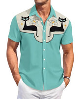 
              DADDYLOCO Retro Cat Print Button-Down Shirt, Mint Green with Atomic Design, Short Sleeve, Regular Fit
            