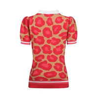 
              OXKNIT Women's Knit Polo Shirts Short Sleeve, 1960s Retro Leopard Print Red V-Neck Pull-on Tops with Quarter Zipper
            