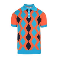 
              OXKNIT Retro Knitted Polo Shirts for Men, 1960s Geometric Pattern Short Sleeve with Quarter Button, Orange Blue
            