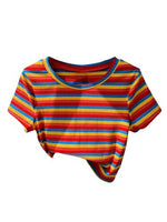 
              WDIRARA Women's Colorful Striped Short Sleeve Tee Y2k Ribbed Knit Crop Top
            