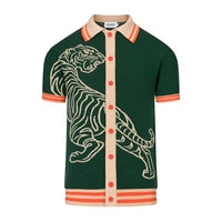 
              OXKNIT Men's Knit Short Sleeve Shirts Button Down 1960s Vintage Tiger Pattern Green Cotton Polo Shirt Summer Knitwear
            