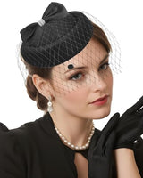 
              Bniksok Black Fascinators Hats with Veil for Women Vintage Funeral Pillbox Hat 1920s 50s Gatsby Cocktail Tea Party Headwear, Lace Gloves Pearl Necklace
            