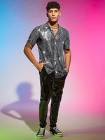 
              WDIRARA Men's 70s Sparkly Disco Top Crocodile Pattern Metallic Rave Shirt
            
