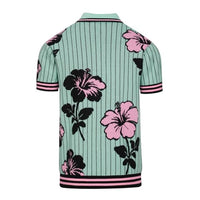 
              OXKNIT Men's Knit Short Sleeve Shirts Retro Pink Floral Pattern and Stripes Green Cotton Polo Shirt with Quarter Button
            