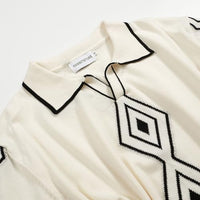 
              OXKNIT Mens White Apricot 60s V-Neck Polo Shirt Rhombic Pattern Knit Golf Polo
            