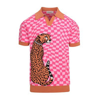 
              OXKNIT Men's Knitted Retro Poloshirt, 1960s Mod Style Vintage Plaid Shirt with Animal Pattern Rose Red
            