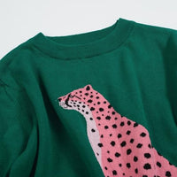 
              OXKNIT Women's Green Knitted T-Shirt, Retro Animal Pattern Crewneck Cotton Short Sleeve- Cropped Length
            